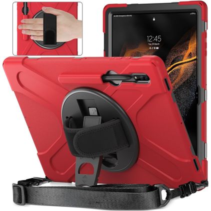 Mobigear SureGrip XGuard Samsung Galaxy Tab S8 Ultra Hoes Hard Kunststof,Siliconen Backcover + Stylus Houder + Schouderband + Standaard - Rood