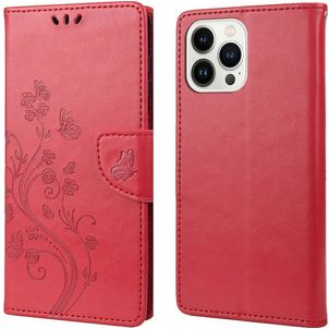 Mobigear Flowers iPhone 14 Pro Max Hoesje Bookcase Portemonnee - Rood