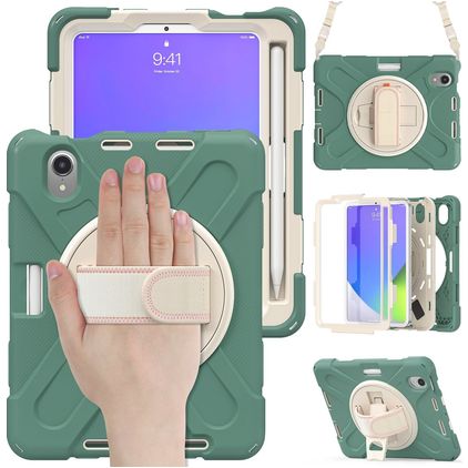 Mobigear SureGrip XGuard iPad Mini 7 (2024) Hoes Hard Kunststof,Siliconen Backcover + Stylus Houder + Schouderband + Standaard - Groen