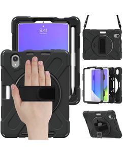 Mobigear SureGrip XGuard iPad Mini 7 (2024) Hoes Hard kunststof / Siliconen Backcover + Stylus Houder + Schouderband + Standaard - Zwart
