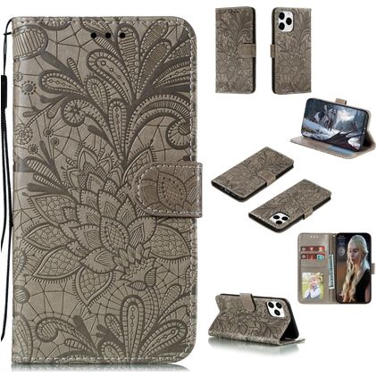 Mobigear Flowers iPhone 12 Hoesje Bookcase Portemonnee - Grijs