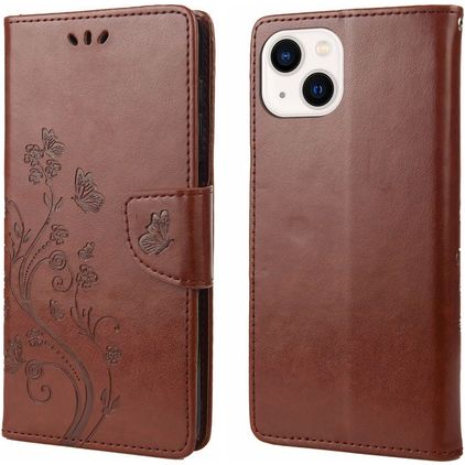 Mobigear Flowers iPhone 14 Hoesje Bookcase Portemonnee - Bruin