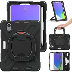 Mobigear RingGuard iPad Mini 7 (2024) Hoes Hard Kunststof,Siliconen Backcover + Stylus Houder + Schouderband + Standaard - Zwart