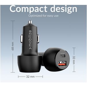 Mobilize Dual USB / USB-C Autolader Power Delivery 48W - Zwart