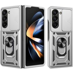 Mobigear Armor Ring Cam Slide Samsung Galaxy Z Fold 7 Hoesje Hardcase Backcover Shockproof met Ringhouder en Camera Slider - Zilver