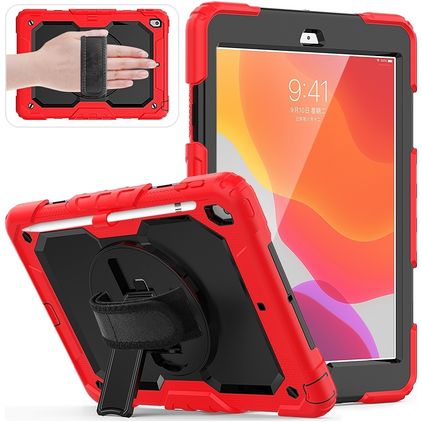 Mobigear SureGrip Xtreme iPad 7 (2019) Hoes Hard Kunststof,Siliconen Backcover + Stylus Houder + Schouderband + Standaard - Zwart / Rood