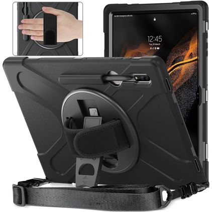 Mobigear SureGrip XGuard Samsung Galaxy Tab S8 Ultra Hoes Hard kunststof / Siliconen Backcover + Stylus Houder + Schouderband + Standaard - Zwart