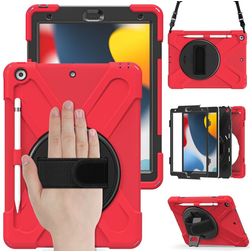 Mobigear SureGrip XGuard iPad 9 (2021) Hoes Hard Kunststof,Siliconen Backcover + Stylus Houder + Schouderband + Standaard - Rood