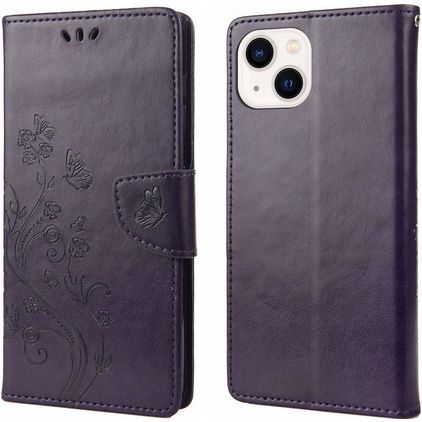 Mobigear Flowers iPhone 14 Hoesje Bookcase Portemonnee - Paars
