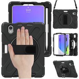 Mobigear SureGrip XGuard iPad Mini 7 (2024) Hoes Hard Kunststof,Siliconen Backcover + Stylus Houder + Schouderband + Standaard - Zwart