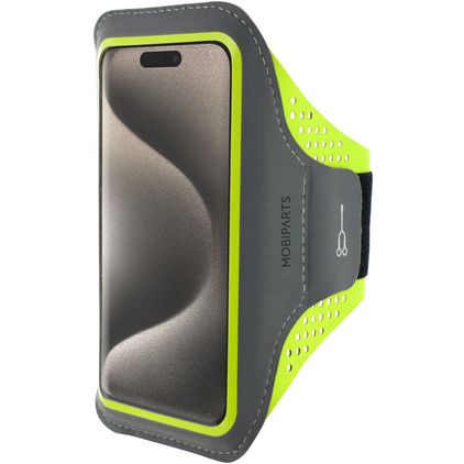 Mobiparts Comfort Fit Telefoonhouder Hardlopen iPhone 15 Pro Sport Hoesje Neopreen Sportarmband - Neon Green