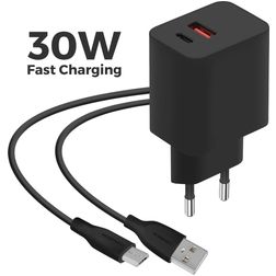 Mobiparts Wall Charger Dual USB / USB-C Oplader Micro USB 1 m 30W - Zwart
