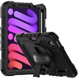 Mobigear SureGrip Xtreme iPad Mini 6 (2021) Hoes Hard Kunststof,Siliconen Backcover + Stylus Houder + Schouderband + Standaard - Zwart