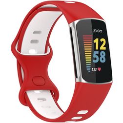 Mobigear Sport Dual Siliconen Fitbit Charge 5 Bandje Druksluiting - Wit / Rood