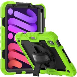 Mobigear SureGrip Xtreme iPad Mini 7 (2024) Hoes Hard Kunststof,Siliconen Backcover + Stylus Houder + Schouderband + Standaard - Zwart / Groen