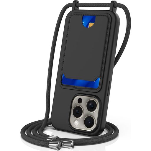 Mobigear Lanyard Card iPhone 16 Pro Siliconen Hoesje met koord en Pasjeshouder - Zwart