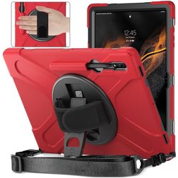 Mobigear SureGrip XGuard Samsung Galaxy Tab S8 Ultra Hoes Hard Kunststof,Siliconen Backcover + Stylus Houder + Schouderband + Standaard - Rood