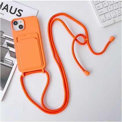Mobigear Lanyard Card iPhone 15 Siliconen Hoesje met koord en Pasjeshouder - Oranje