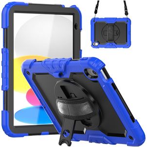 Mobigear SureGrip Xtreme iPad 10 (2022) Hoes Hard Kunststof,Siliconen Backcover + Schouderband + Standaard - Zwart / Blauw