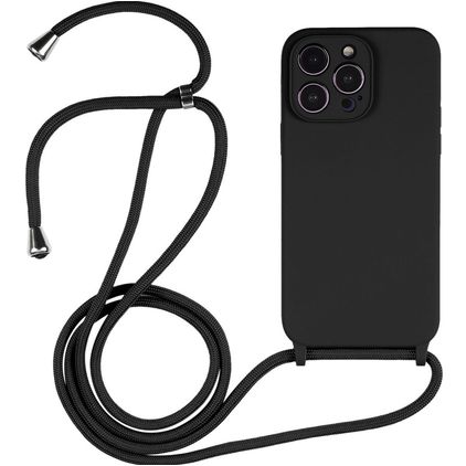 Mobigear Lanyard iPhone 14 Pro Max Siliconen Hoesje met koord - Zwart