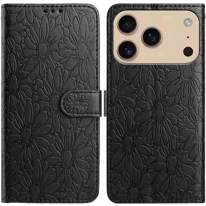 Mobigear Flowers iPhone 17 Pro Hoesje Bookcase Portemonnee - Zwart