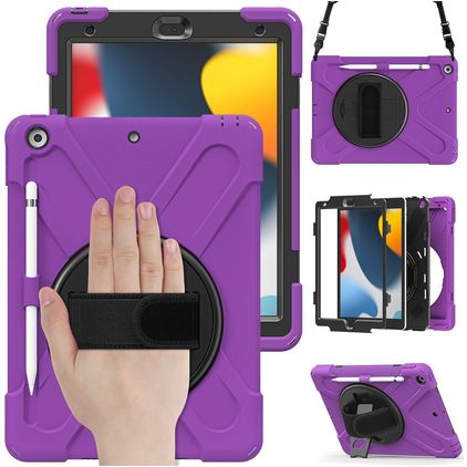 Mobigear SureGrip XGuard iPad 7 (2019) Hoes Hard Kunststof,Siliconen Backcover + Stylus Houder + Schouderband + Standaard - Paars