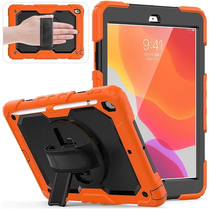 Mobigear SureGrip Xtreme iPad 7 (2019) Hoes Hard Kunststof,Siliconen Backcover + Stylus Houder + Schouderband + Standaard - Zwart / Oranje
