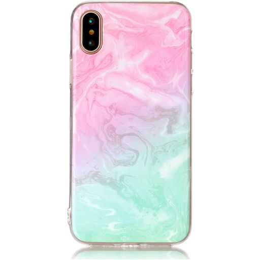 Mobigear Marble iPhone XS Hoesje Flexibel TPU Backcover - Roze / Turquoise