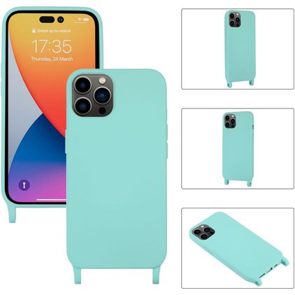 Mobigear Lanyard iPhone 14 Pro Max Siliconen Hoesje met koord - Turquoise