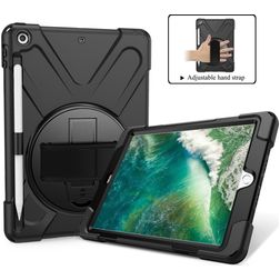 Mobigear SureGrip XGuard iPad 6 (2018) Hoes Hard Kunststof,Siliconen Backcover + Stylus Houder + Schouderband + Standaard - Zwart