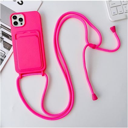 Mobigear Lanyard Card iPhone 15 Pro Siliconen Hoesje met koord en Pasjeshouder - Magenta
