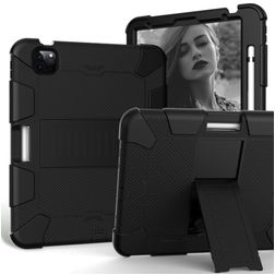 Mobigear ShieldStand iPad Air 5 (2022) Hoes Hard Kunststof,Siliconen Backcover + Stylus Houder + Standaard - Zwart