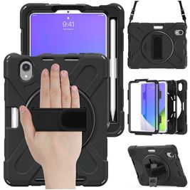 Mobigear SureGrip XGuard iPad Mini 6 (2021) Hoes Hard Kunststof,Siliconen Backcover + Stylus Houder + Schouderband + Standaard - Zwart