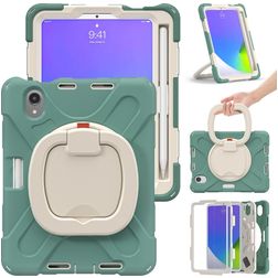 Mobigear RingGuard iPad Mini 6 (2021) Hoes Hard Kunststof,Siliconen Backcover + Stylus Houder + Schouderband + Standaard - Groen