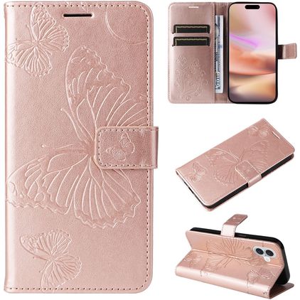Mobigear Butterfly iPhone 16 Plus Hoesje Bookcase Portemonnee - Roségoud