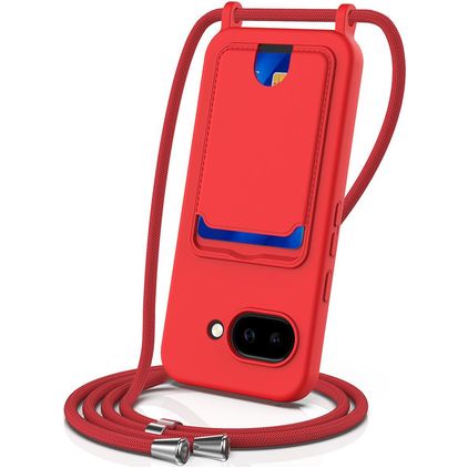 Mobigear Lanyard Card Google Pixel 10a Siliconen Hoesje met koord en Pasjeshouder - Rood
