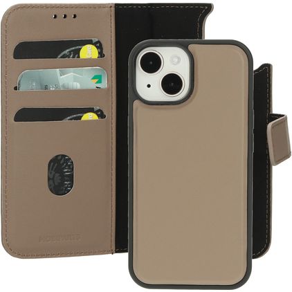 Mobiparts iPhone 15 MagSafe Hoesje Echt Leer Uitneembare 2in1 Bookcase Portemonnee - Taupe