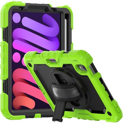 Mobigear SureGrip Xtreme iPad Mini 7 (2024) Hoes Hard Kunststof,Siliconen Backcover + Stylus Houder + Schouderband + Standaard - Zwart / Groen