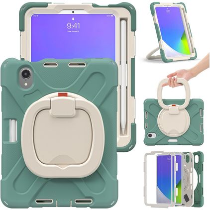 Mobigear RingGuard iPad Mini 7 (2024) Hoes Hard Kunststof,Siliconen Backcover + Stylus Houder + Schouderband + Standaard - Groen
