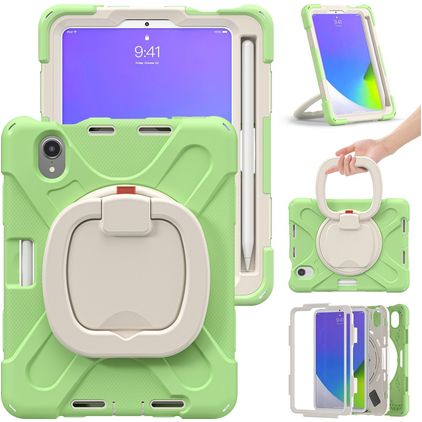 Mobigear RingGuard iPad Mini 7 (2024) Hoes Hard Kunststof,Siliconen Backcover + Stylus Houder + Schouderband + Standaard - Groen