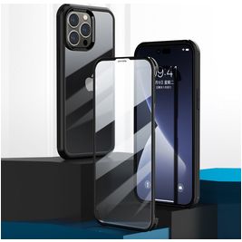 Valenta Full Cover iPhone 14 Pro Max Hoesje Gehard Glas Backcover Shockproof - Transparant / Zwart