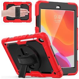 Mobigear SureGrip Xtreme iPad 7 (2019) Hoes Hard Kunststof,Siliconen Backcover + Stylus Houder + Schouderband + Standaard - Zwart / Rood