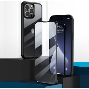 Valenta Full Cover iPhone 14 Pro Max Hoesje Gehard Glas Backcover Shockproof - Transparant / Zwart