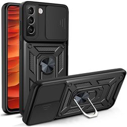 Mobigear Armor Ring Cam Slide Samsung Galaxy S22 Hoesje Hardcase Backcover Shockproof met Ringhouder en Camera Slider - Zwart