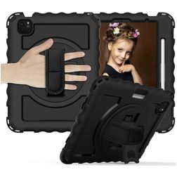 Mobigear SureGrip Xtreme iPad Air 5 (2022) Hoes Hard Kunststof,Siliconen Backcover + Stylus Houder + Schouderband + Standaard - Zwart