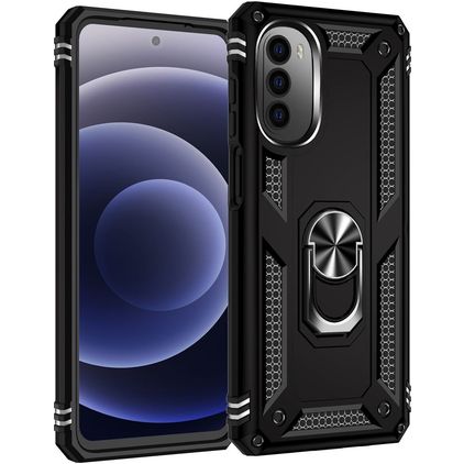 Mobigear Armor Ring Motorola Moto G82 Hoesje Hardcase Backcover Shockproof met Ringhouder - Zwart