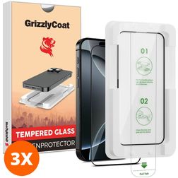 GrizzlyCoat AlignPro iPhone 16 Pro Glazen Screenprotector - Case Friendly + Installatie Frame - Zwart (3-Pack)