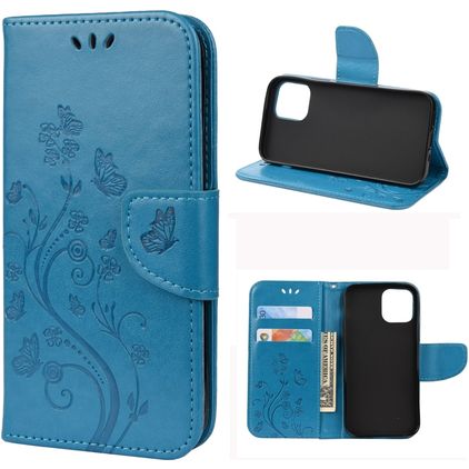 Mobigear Flowers iPhone 12 Pro Hoesje Bookcase Portemonnee - Blauw