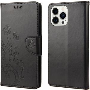 Mobigear Flowers iPhone 14 Pro Hoesje Bookcase Portemonnee - Zwart