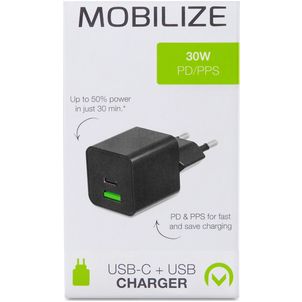 Mobilize Dual USB / USB-C Oplader Power Delivery 30W - Zwart